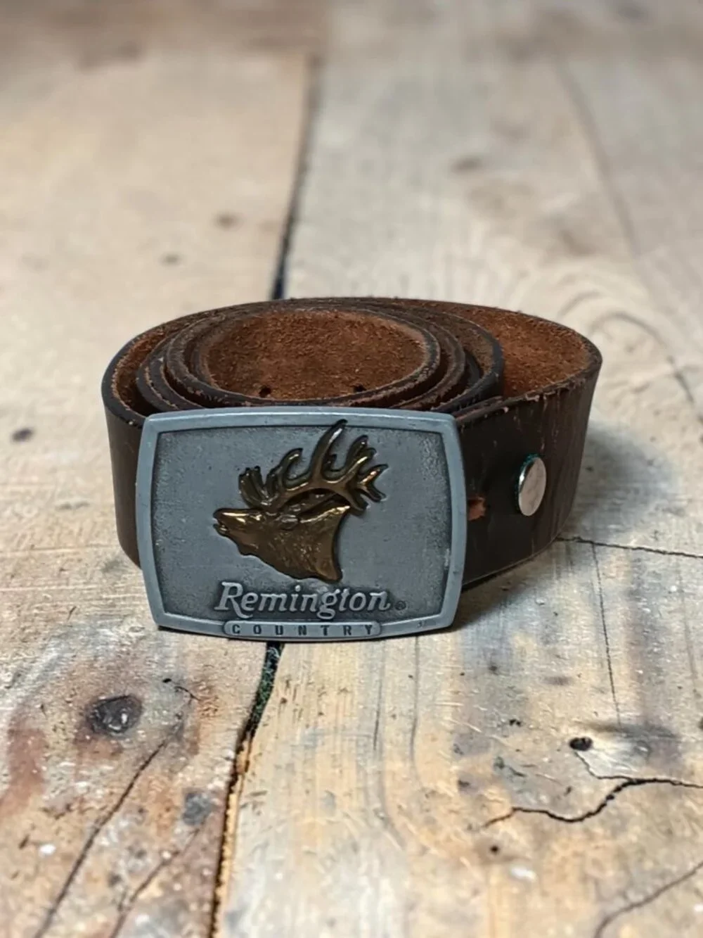 Mens Brown Leather Belt USA Made with Remington Country Bugling Elk Buckle 1986